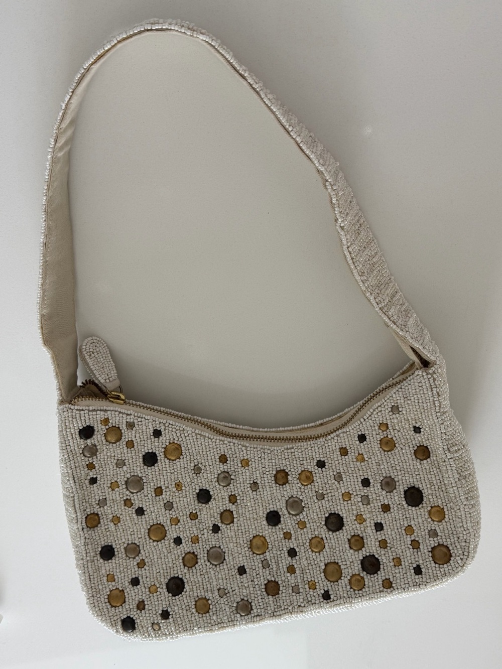 Anthropologie Ivory Beaded Shoulder Bag with Mixed Metallic Studs
